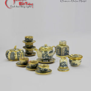 Bộ ấm chén Minh Long men rạn bọc đồng và 4 phụ kiện